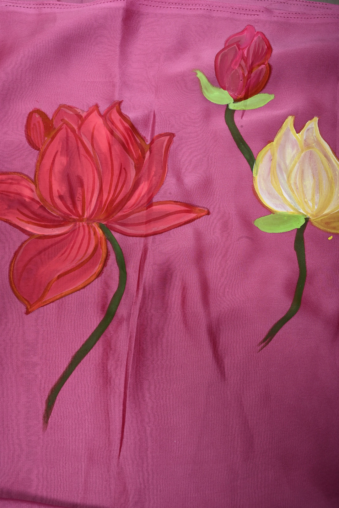 Rose Pink Peacock-Lotus Handpainted on Shimmer Georgette Saree, No Blouse Piece | SHOBITAM