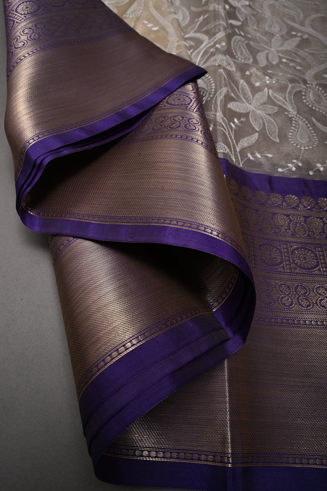 Golden Beige Semi Tissue Net Silk Saree with Chikankari Machine Embroidered Floral Jaal and Contrast Zari Border | SHOBITAM