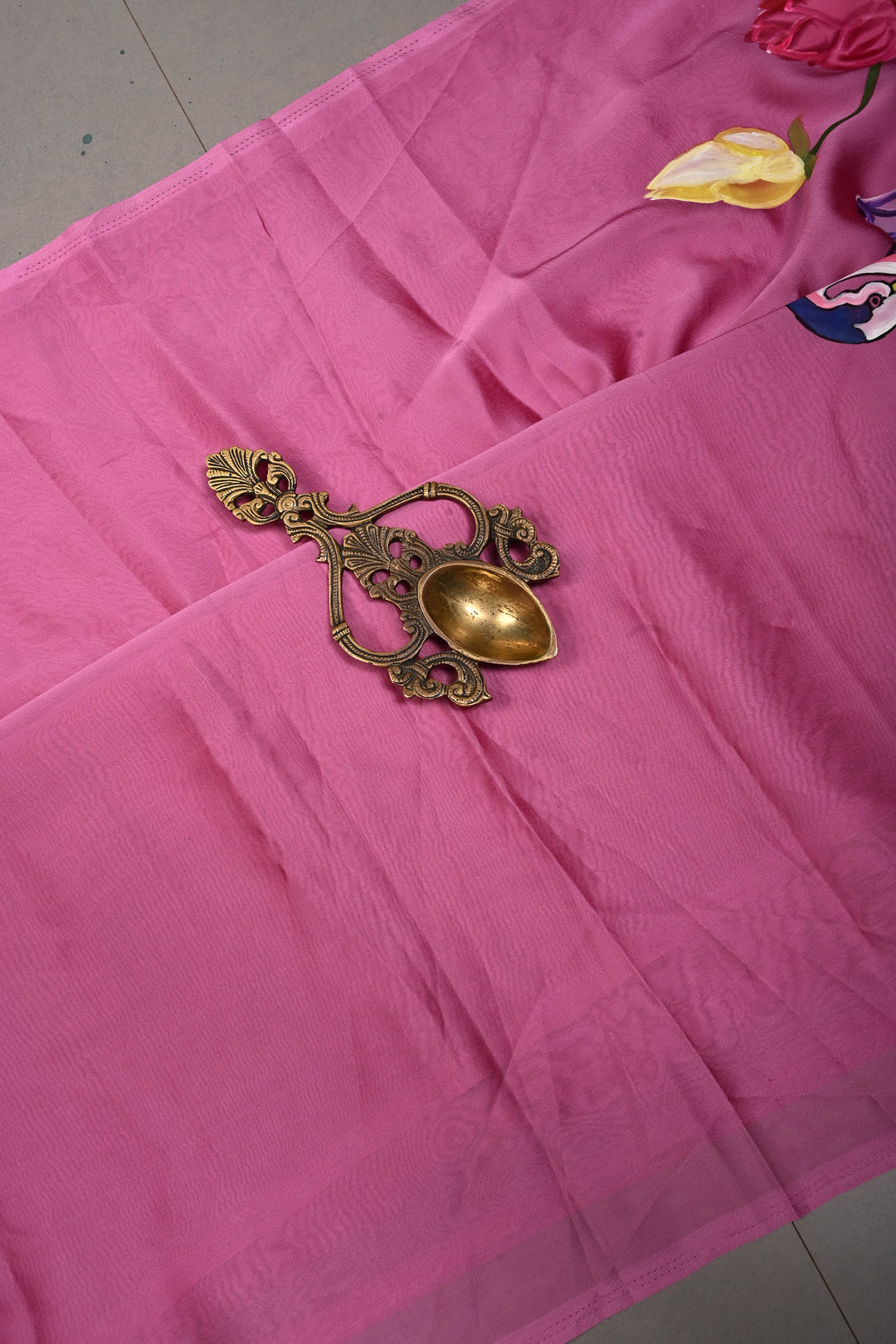 Rose Pink Peacock-Lotus Handpainted on Shimmer Georgette Saree, No Blouse Piece | SHOBITAM