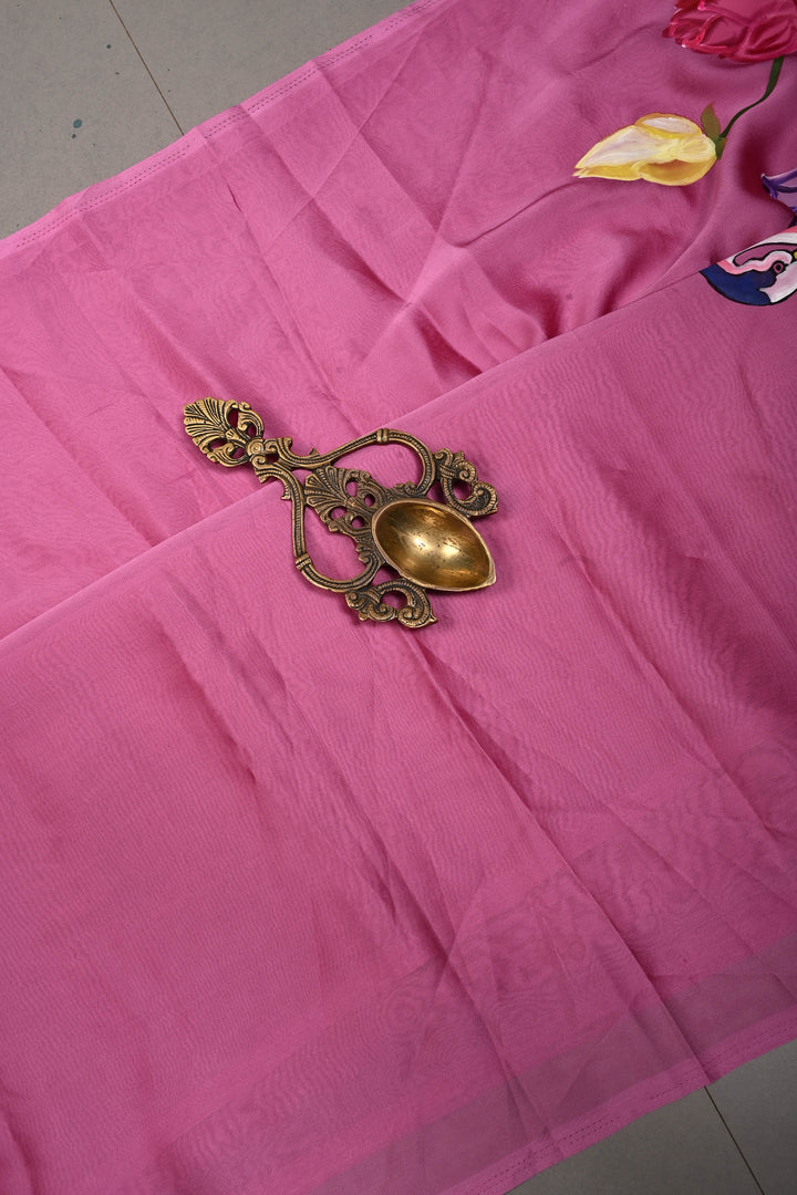 Rose Pink Peacock-Lotus Handpainted on Shimmer Georgette Saree, No Blouse Piece | SHOBITAM