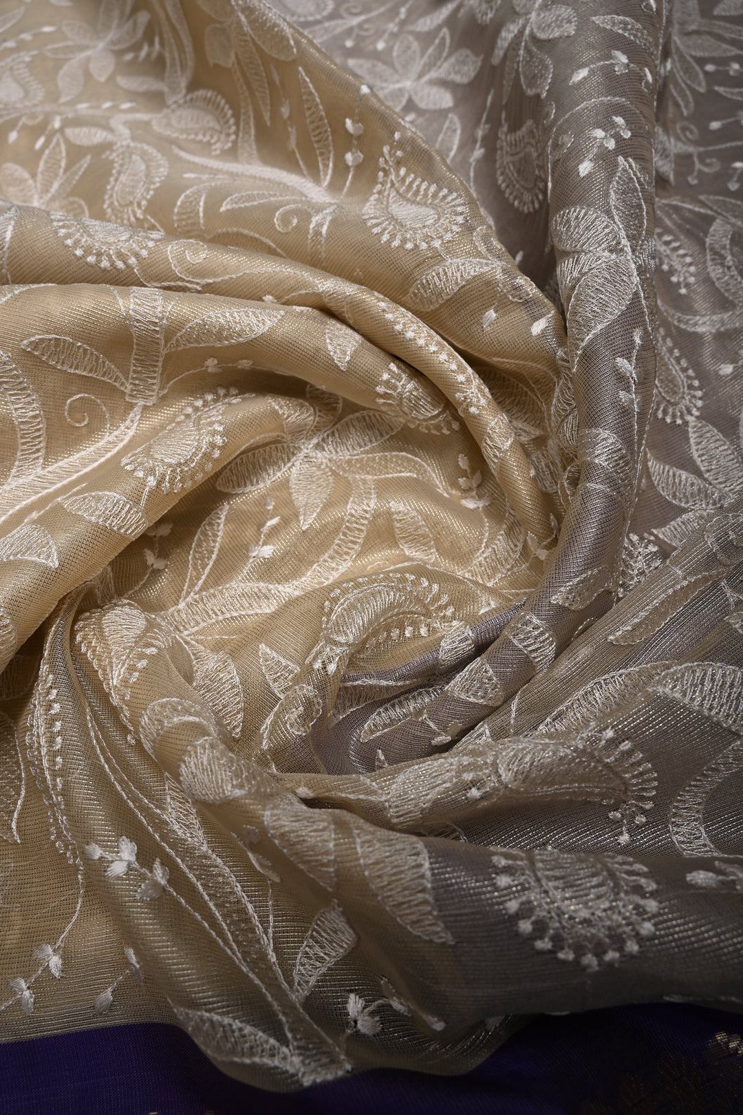Golden Beige Semi Tissue Net Silk Saree with Chikankari Machine Embroidered Floral Jaal and Contrast Zari Border | SHOBITAM