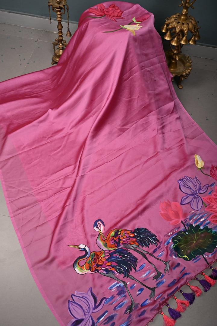 Rose Pink Peacock-Lotus Handpainted on Shimmer Georgette Saree, No Blouse Piece | SHOBITAM