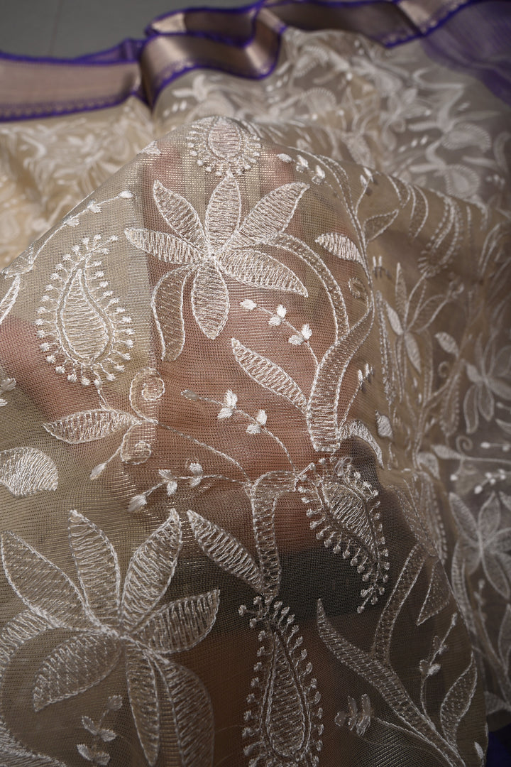 Golden Beige Semi Tissue Net Silk Saree with Chikankari Machine Embroidered Floral Jaal and Contrast Zari Border | SHOBITAM
