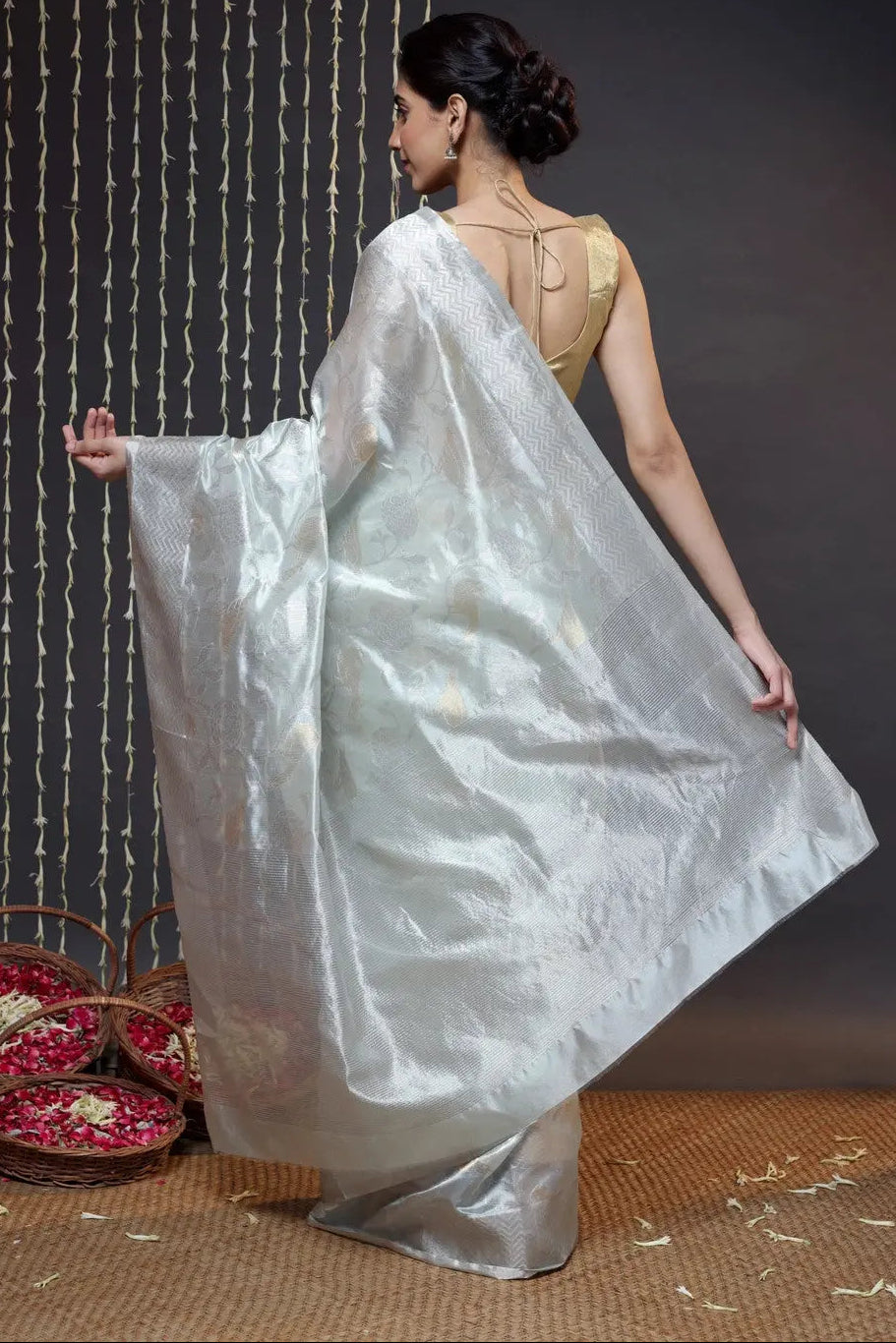 Handloom Grey Pure Silk Chanderi Saree | SHOBITAM