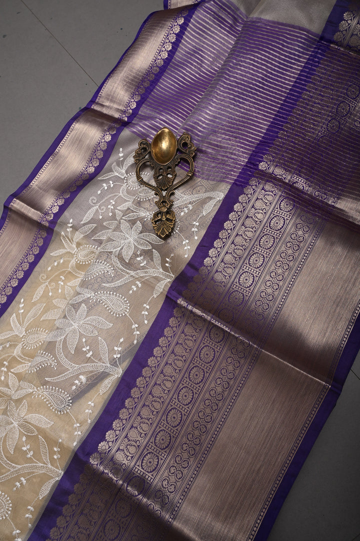Golden Beige Semi Tissue Net Silk Saree with Chikankari Machine Embroidered Floral Jaal and Contrast Zari Border | SHOBITAM