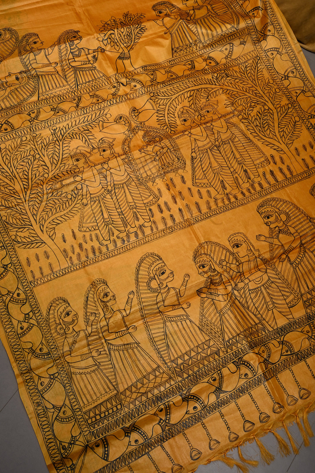 Mustard Yellow Paper Silk Madhubani Saree with Mithila Wedding Hand Drawing Theme | SILK MARK CERTIFIED | SHOBITAM
