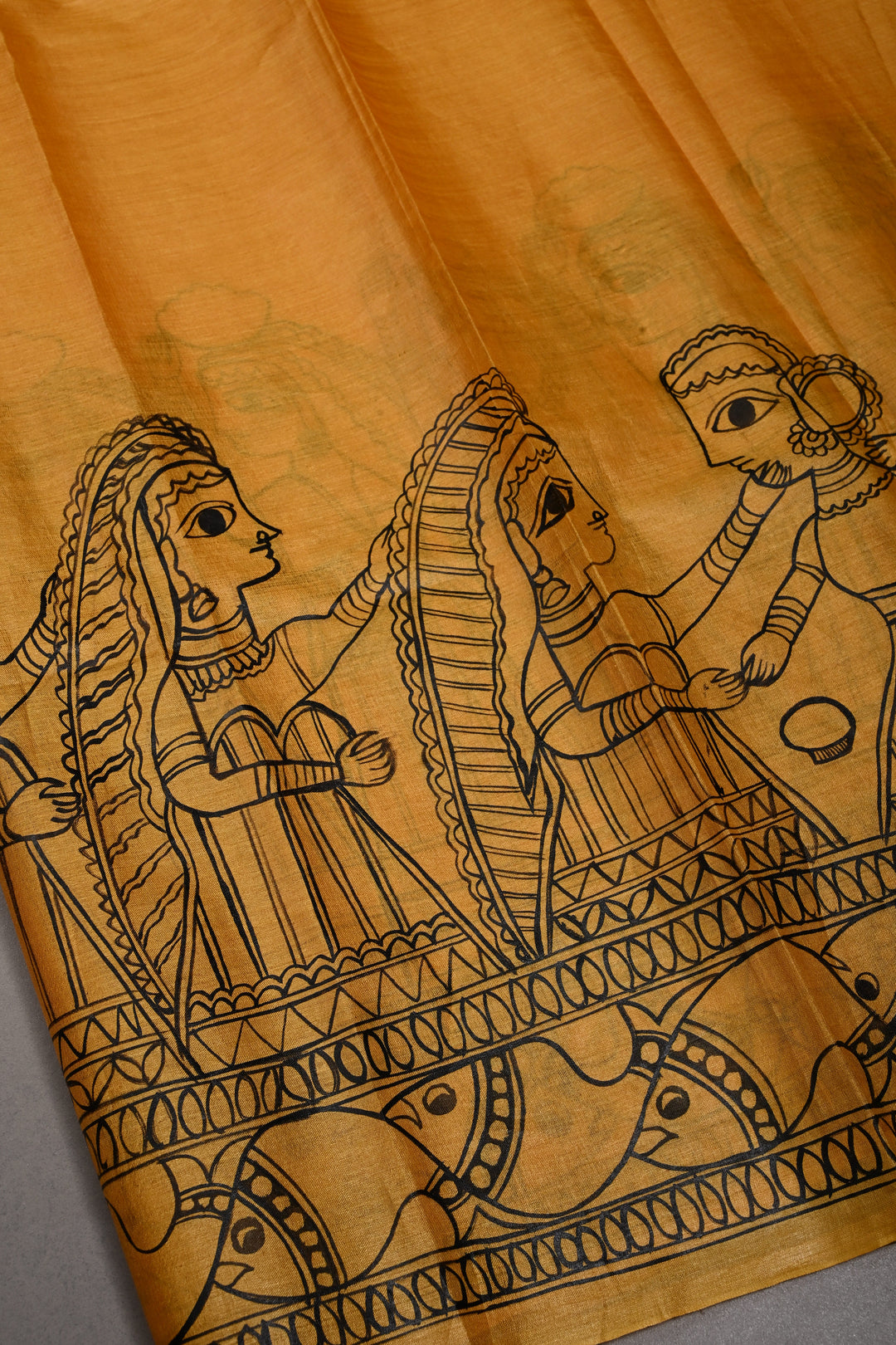 Mustard Yellow Paper Silk Madhubani Saree with Mithila Wedding Hand Drawing Theme | SILK MARK CERTIFIED | SHOBITAM