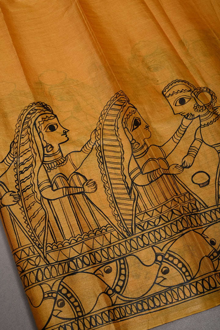 Mustard Yellow Paper Silk Madhubani Saree with Mithila Wedding Hand Drawing Theme | SILK MARK CERTIFIED | SHOBITAM