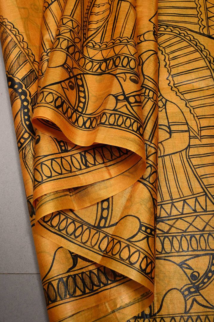 Mustard Yellow Paper Silk Madhubani Saree with Mithila Wedding Hand Drawing Theme | SILK MARK CERTIFIED | SHOBITAM