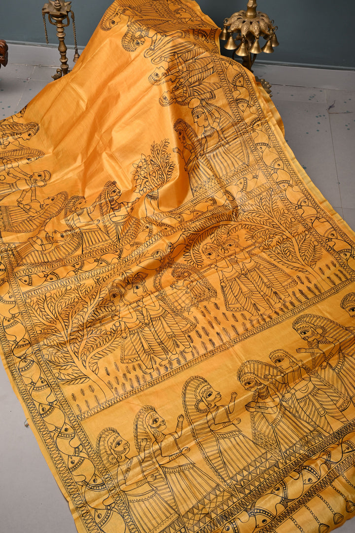 Mustard Yellow Paper Silk Madhubani Saree with Mithila Wedding Hand Drawing Theme | SILK MARK CERTIFIED | SHOBITAM