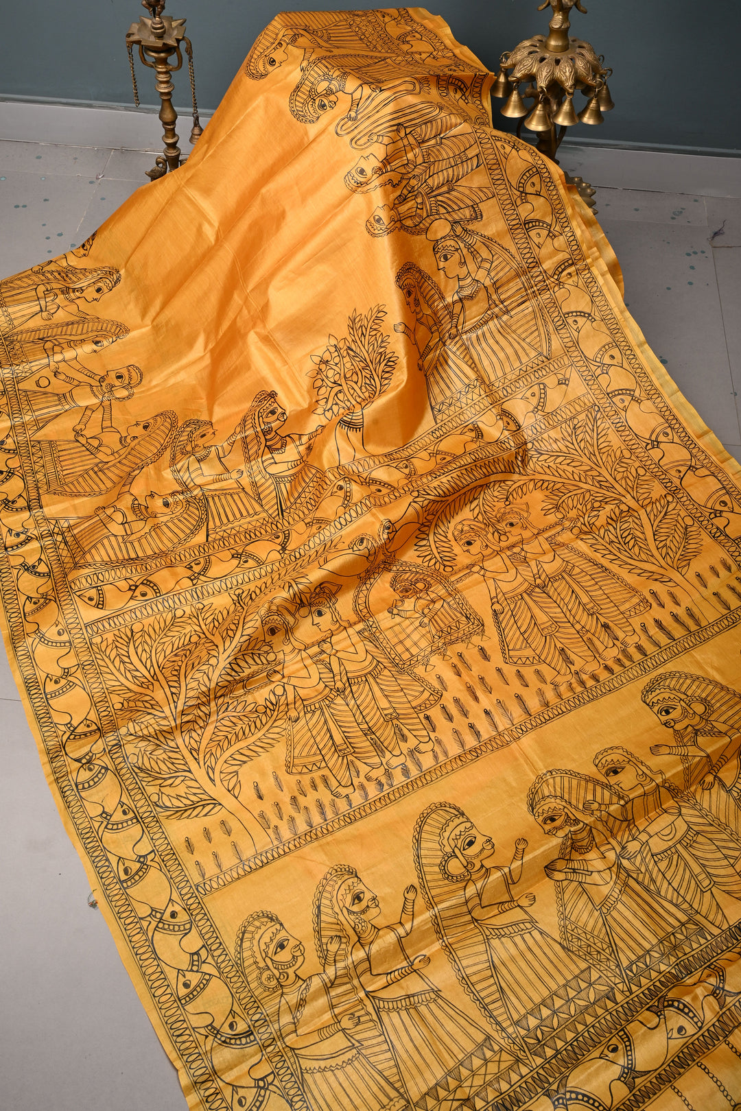 Mustard Yellow Paper Silk Madhubani Saree with Mithila Wedding Hand Drawing Theme | SILK MARK CERTIFIED | SHOBITAM