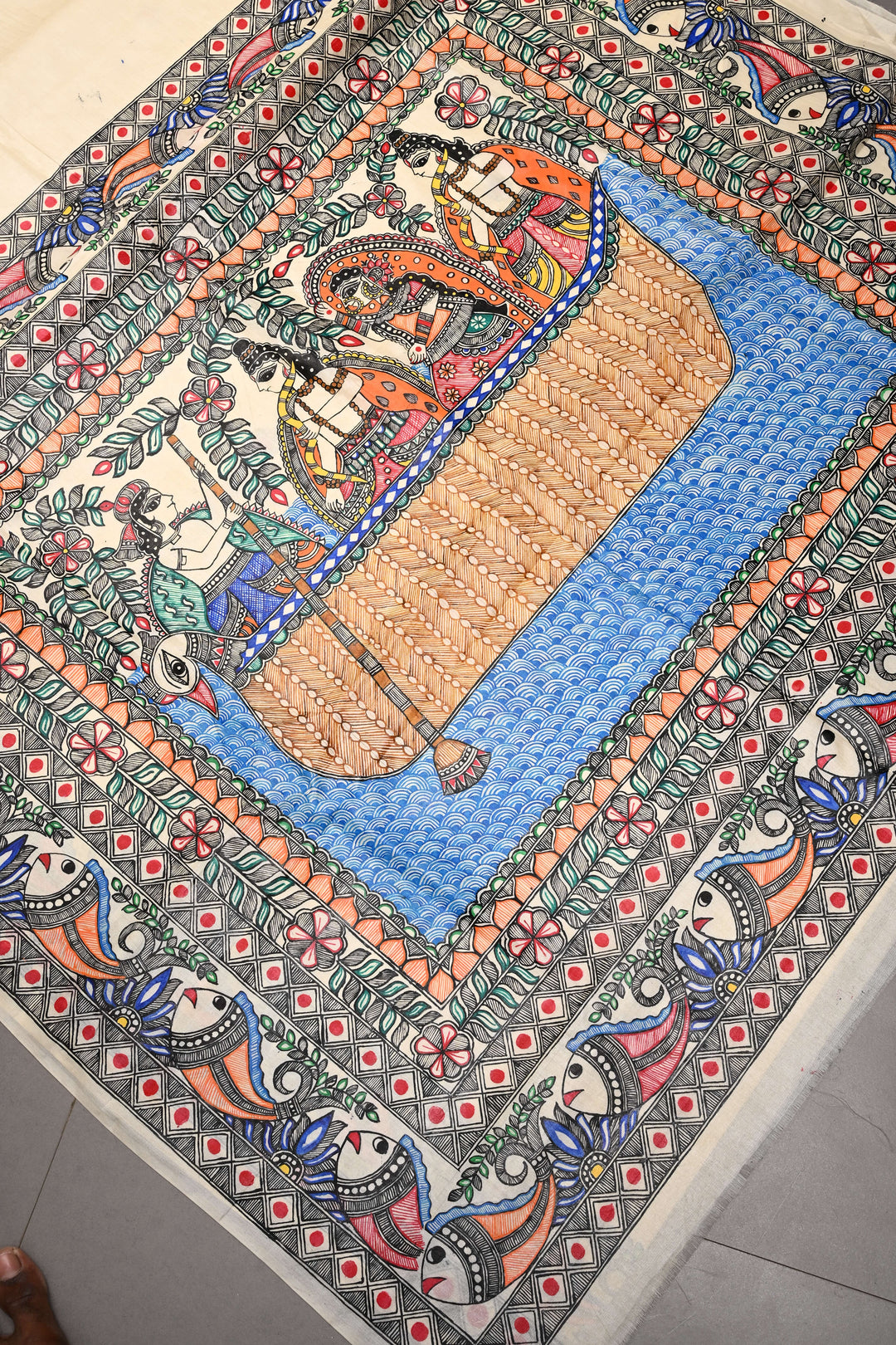 Cream Pure Paper Silk Madhubani Handpainting Saree with Rama-Sita-Lakshman Crossing River Theme| SILK MARK CERTIFIED | SHOBITAM