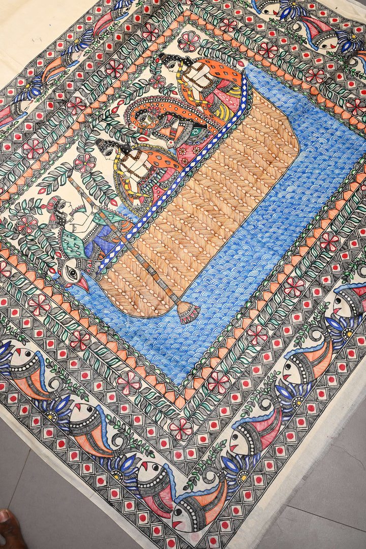 Cream Pure Paper Silk Madhubani Handpainting Saree with Rama-Sita-Lakshman Crossing River Theme| SILK MARK CERTIFIED | SHOBITAM