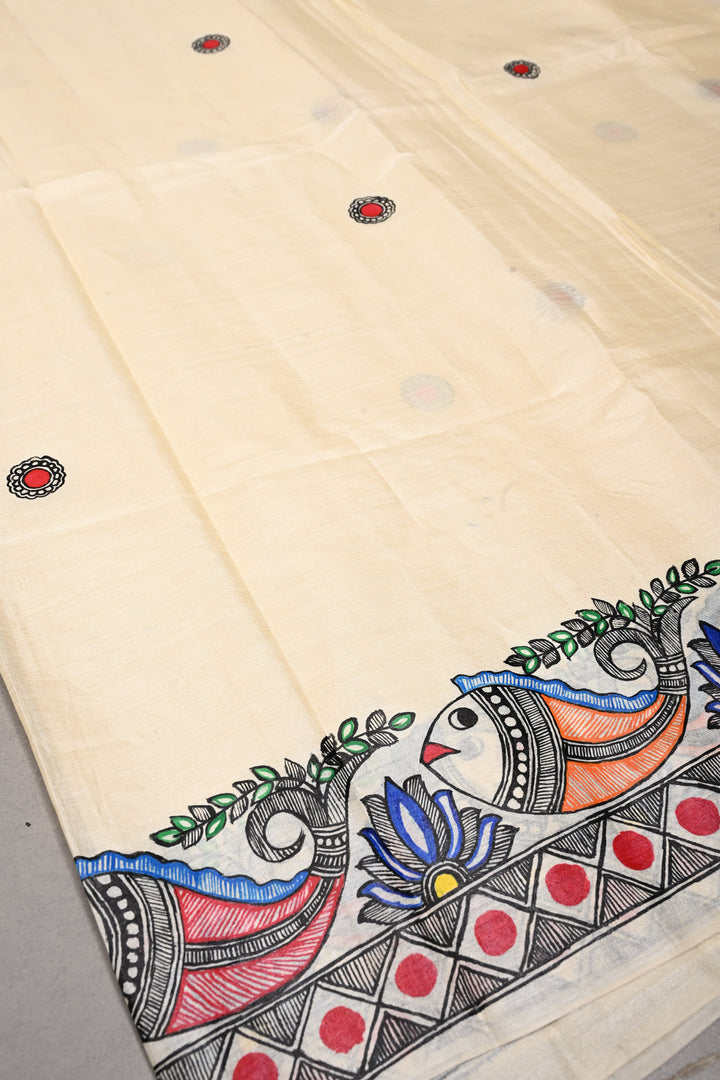 Cream Pure Paper Silk Madhubani Handpainting Saree with Rama-Sita-Lakshman Crossing River Theme| SILK MARK CERTIFIED | SHOBITAM