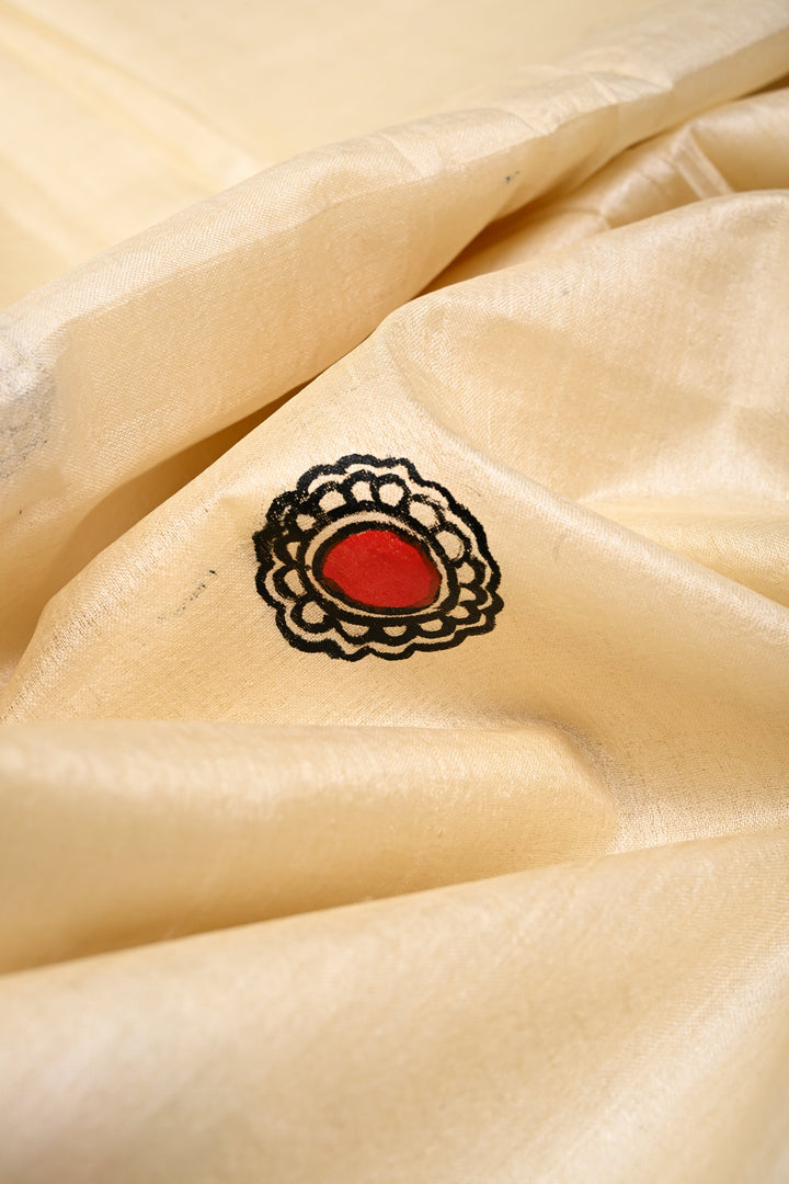 Cream Pure Paper Silk Madhubani Handpainting Saree with Rama-Sita-Lakshman Crossing River Theme| SILK MARK CERTIFIED | SHOBITAM