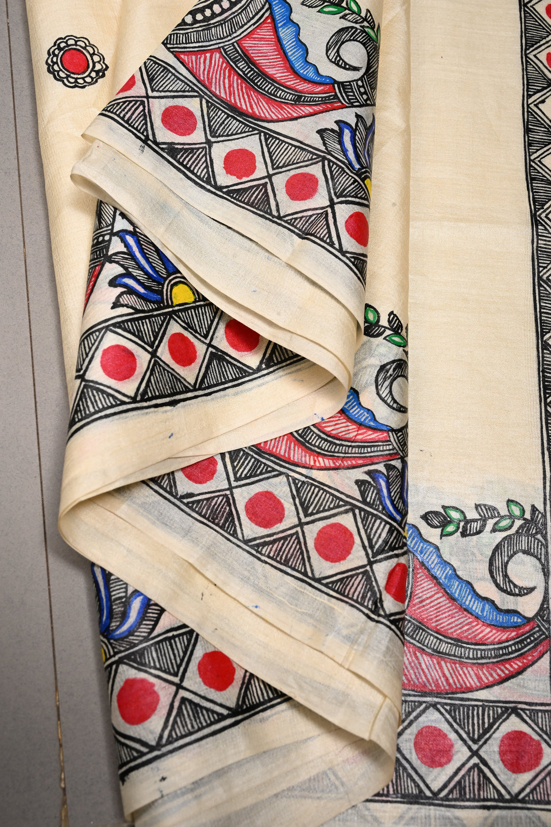 Cream Pure Paper Silk Madhubani Handpainting Saree with Rama-Sita-Lakshman Crossing River Theme| SILK MARK CERTIFIED | SHOBITAM