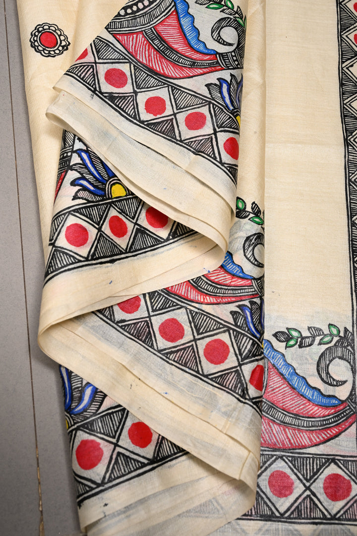 Cream Pure Paper Silk Madhubani Handpainting Saree with Rama-Sita-Lakshman Crossing River Theme| SILK MARK CERTIFIED | SHOBITAM