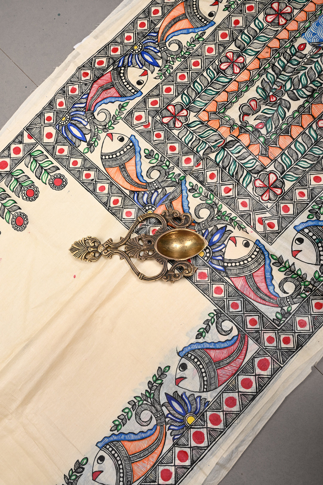 Cream Pure Paper Silk Madhubani Handpainting Saree with Rama-Sita-Lakshman Crossing River Theme| SILK MARK CERTIFIED | SHOBITAM