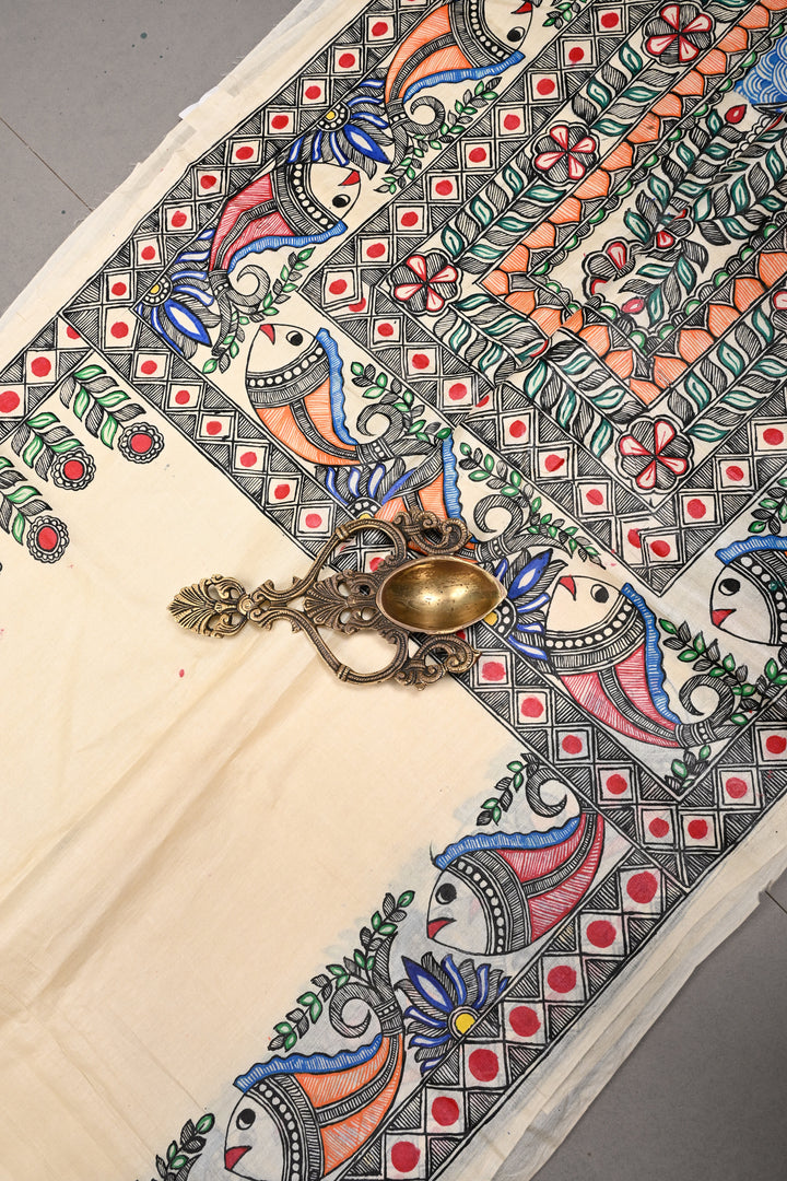 Cream Pure Paper Silk Madhubani Handpainting Saree with Rama-Sita-Lakshman Crossing River Theme| SILK MARK CERTIFIED | SHOBITAM