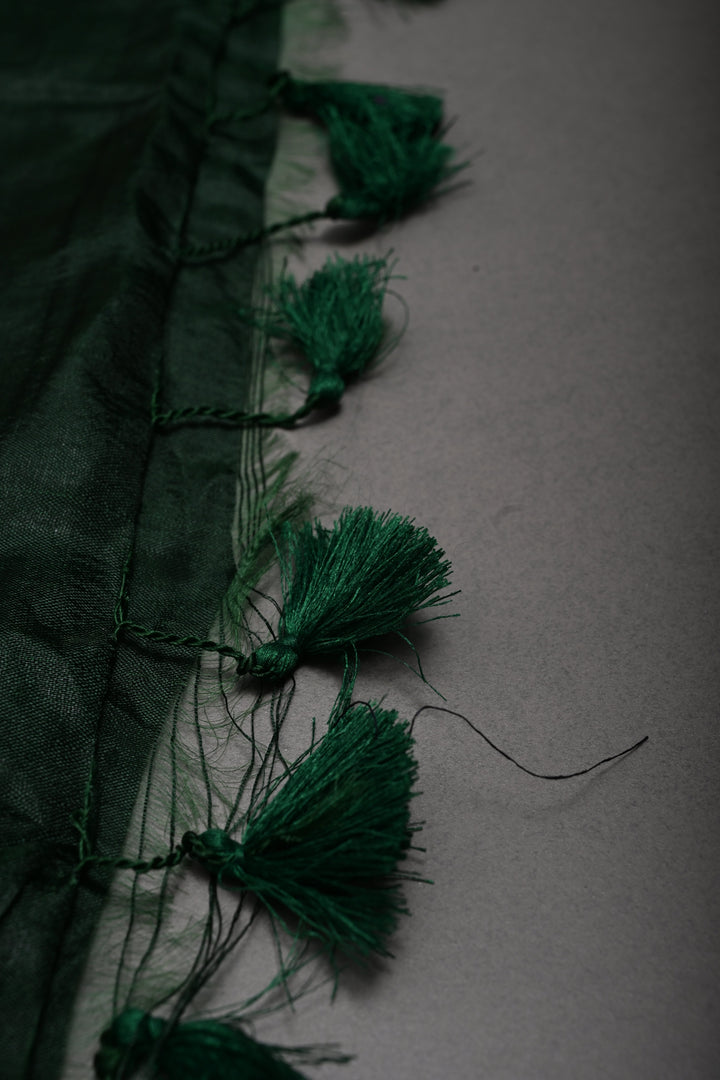 Dark Green Semi Tussar Saree with Geometric Zari Buttas and Zari Border | SHOBITAM
