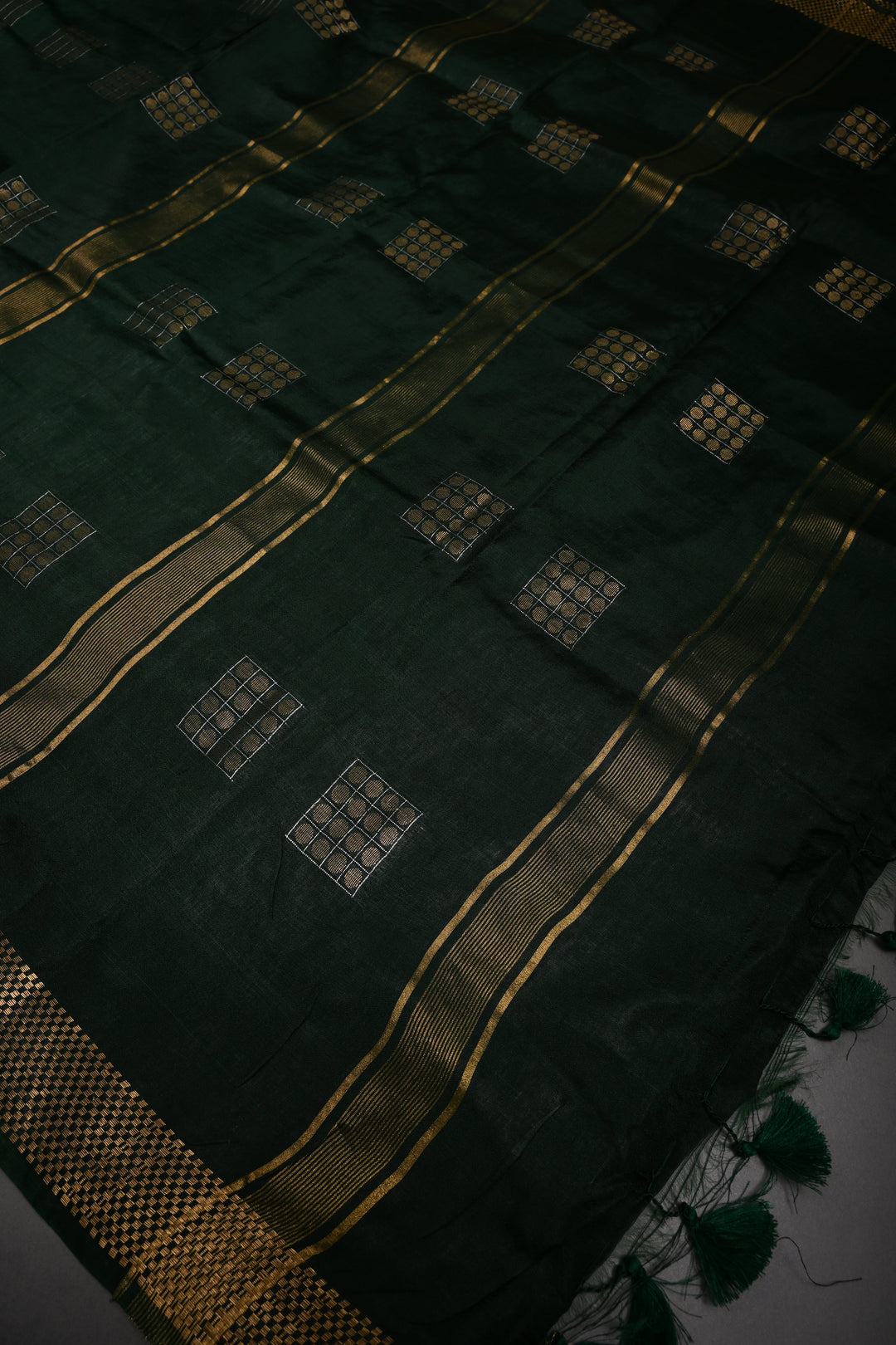 Dark Green Semi Tussar Saree with Geometric Zari Buttas and Zari Border | SHOBITAM