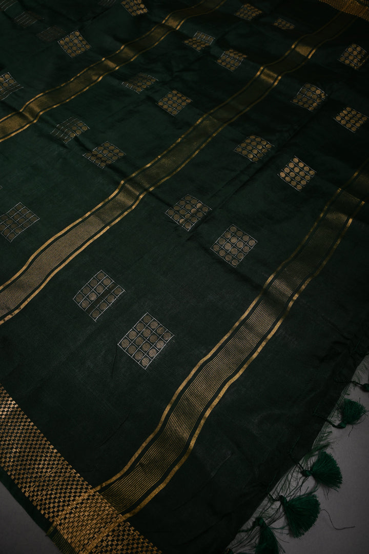 Dark Green Semi Tussar Saree with Geometric Zari Buttas and Zari Border | SHOBITAM