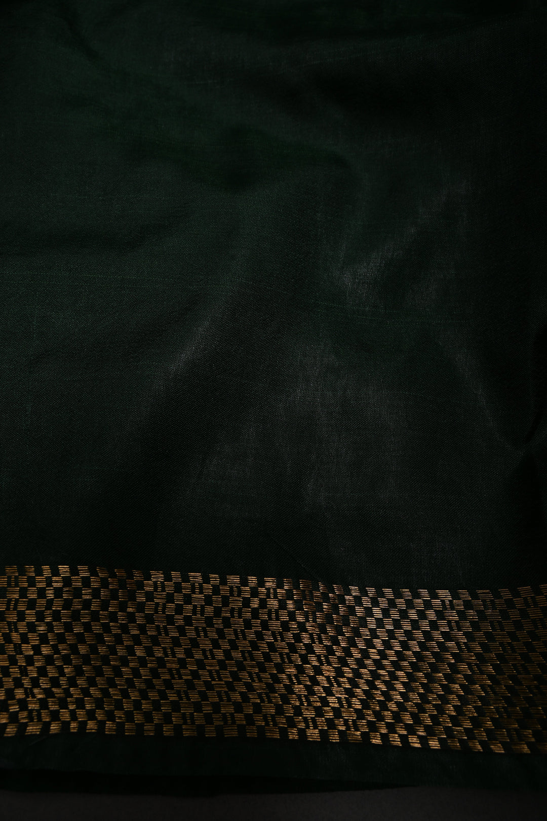 Dark Green Semi Tussar Saree with Geometric Zari Buttas and Zari Border | SHOBITAM