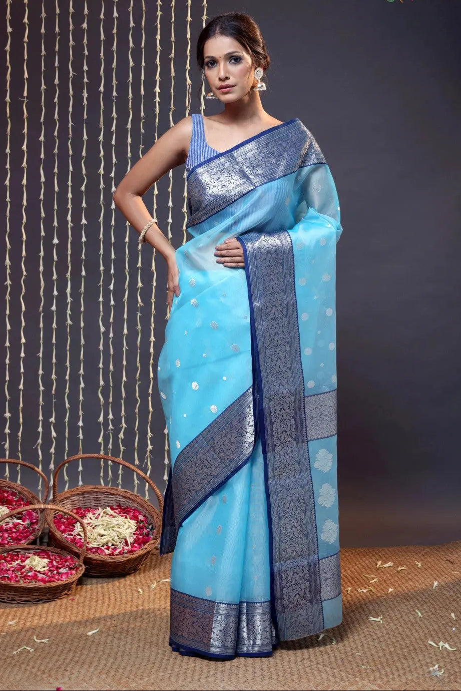 Handloom Sky Blue Katan Silk Chanderi Saree With Navy Blue Border | SHOBITAM