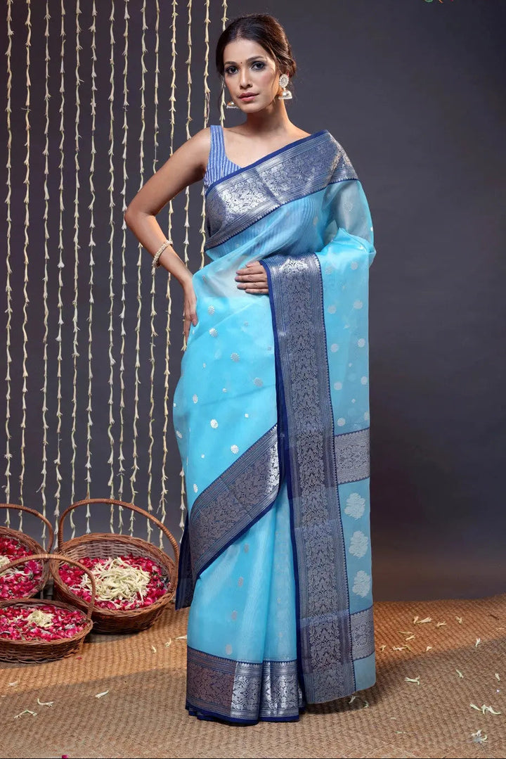 Handloom Sky Blue Katan Silk Chanderi Saree With Navy Blue Border | SHOBITAM