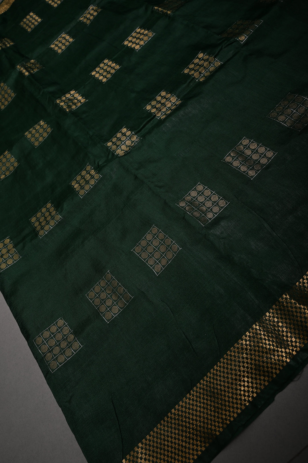 Dark Green Semi Tussar Saree with Geometric Zari Buttas and Zari Border | SHOBITAM