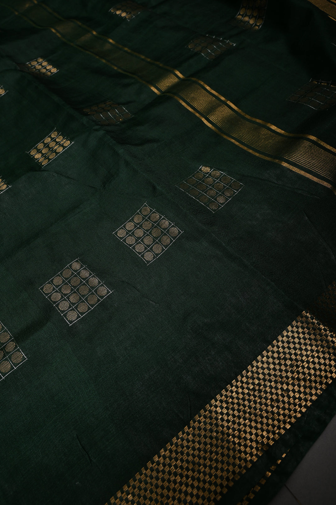 Dark Green Semi Tussar Saree with Geometric Zari Buttas and Zari Border | SHOBITAM