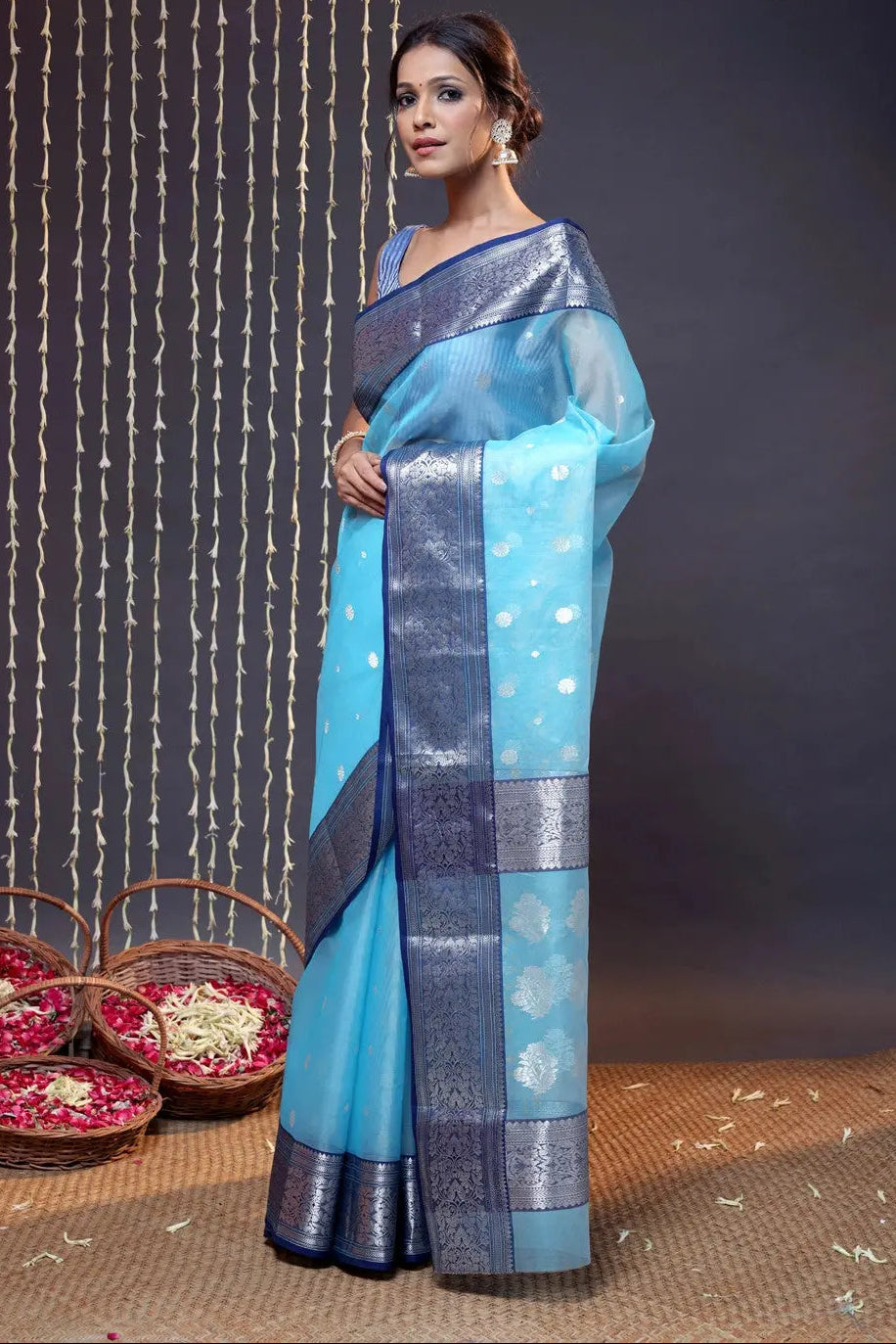 Handloom Sky Blue Katan Silk Chanderi Saree With Navy Blue Border | SHOBITAM