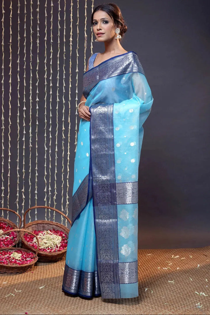 Handloom Sky Blue Katan Silk Chanderi Saree With Navy Blue Border | SHOBITAM