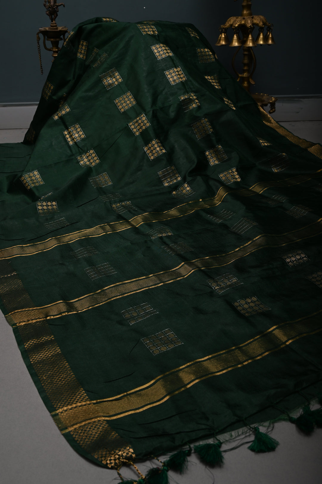 Dark Green Semi Tussar Saree with Geometric Zari Buttas and Zari Border | SHOBITAM