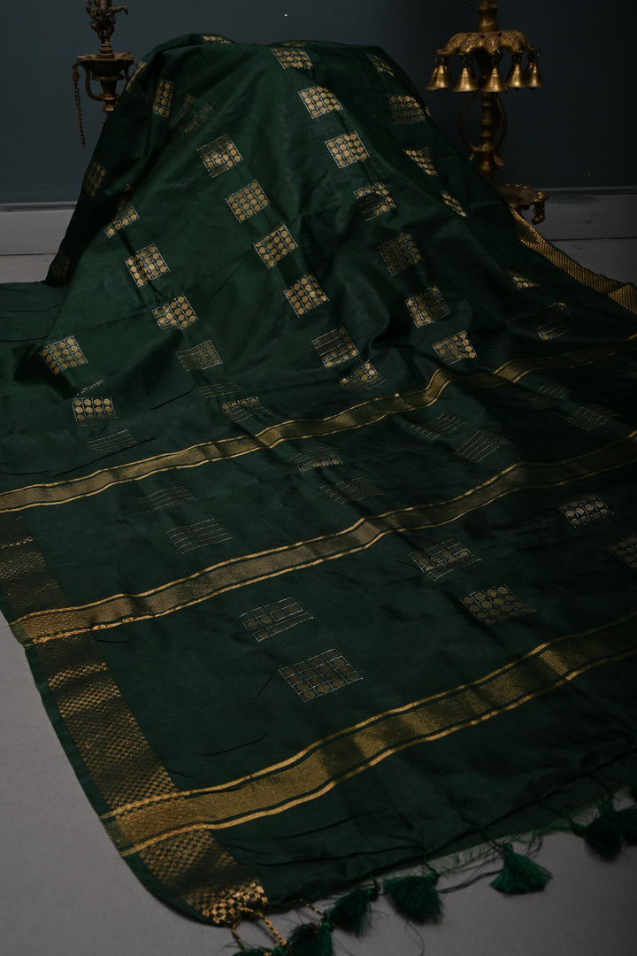 Dark Green Semi Tussar Saree with Geometric Zari Buttas and Zari Border | SHOBITAM