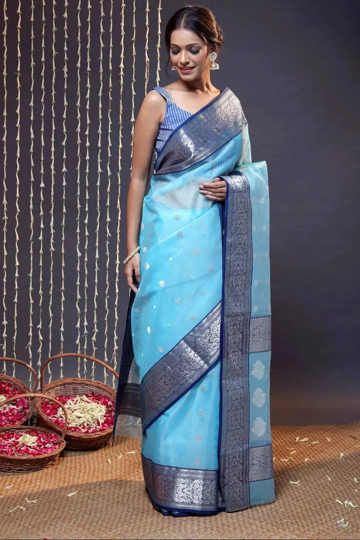 Handloom Sky Blue Katan Silk Chanderi Saree With Navy Blue Border | SHOBITAM