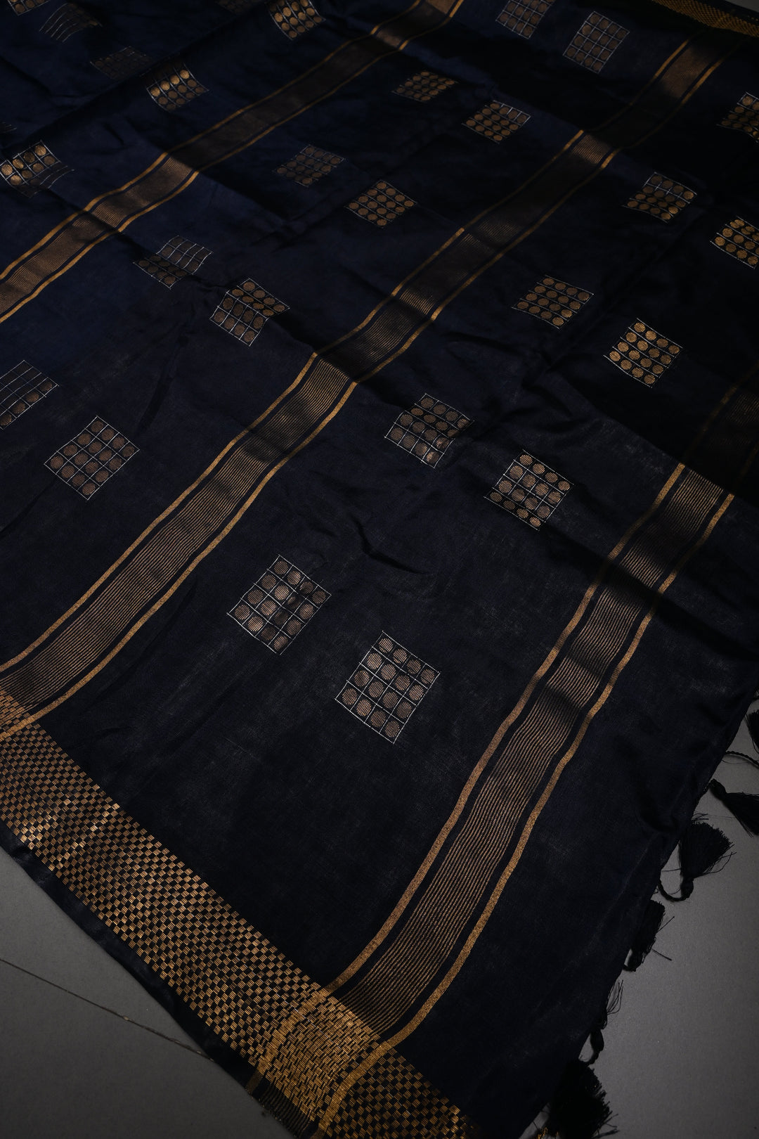 Midnight Blue Semi Tussar Saree with Geometric Zari Buttas and Zari Border | SHOBITAM