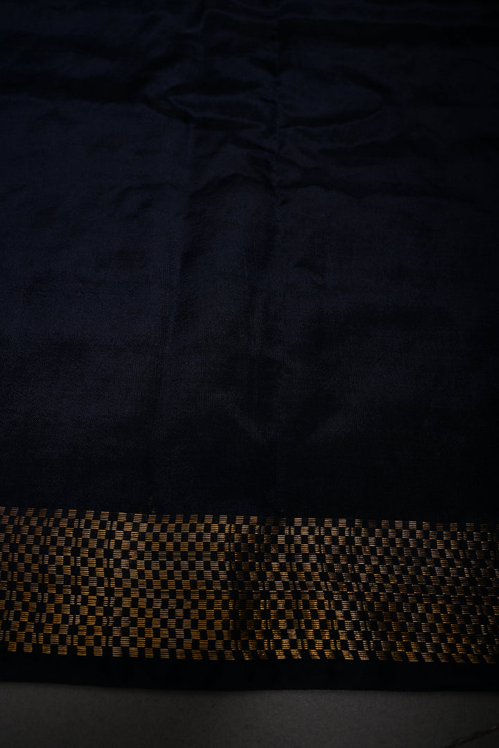 Midnight Blue Semi Tussar Saree with Geometric Zari Buttas and Zari Border | SHOBITAM