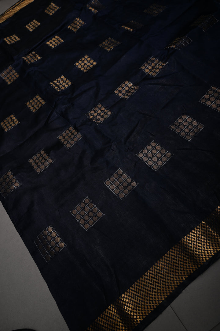 Midnight Blue Semi Tussar Saree with Geometric Zari Buttas and Zari Border | SHOBITAM