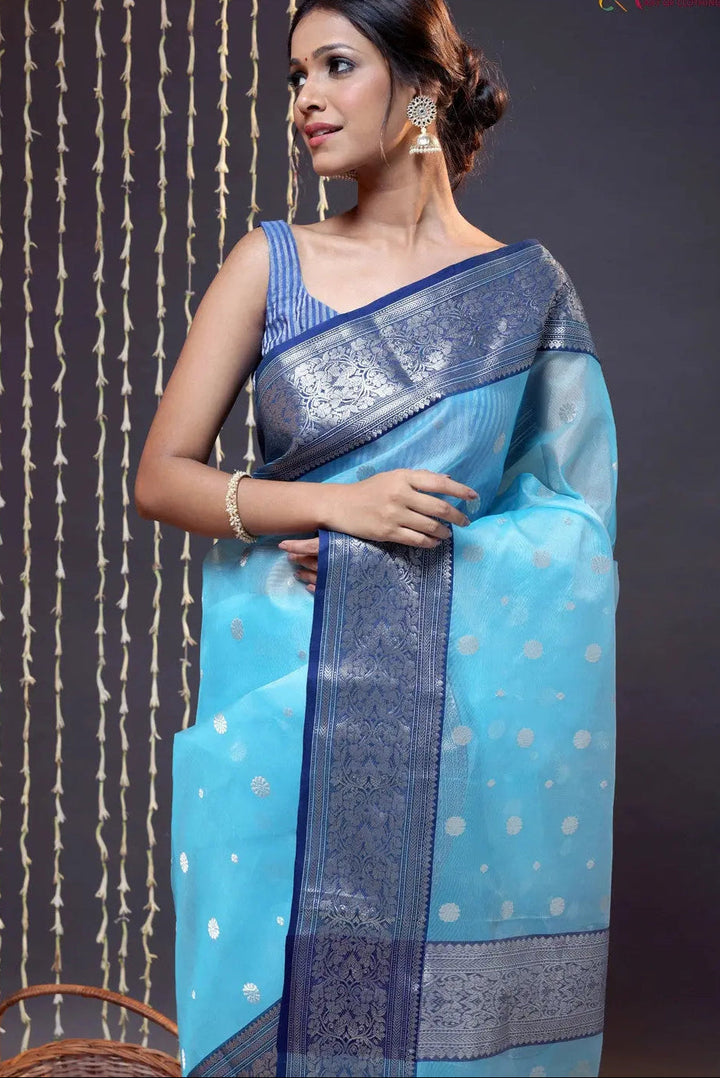 Handloom Sky Blue Katan Silk Chanderi Saree With Navy Blue Border | SHOBITAM