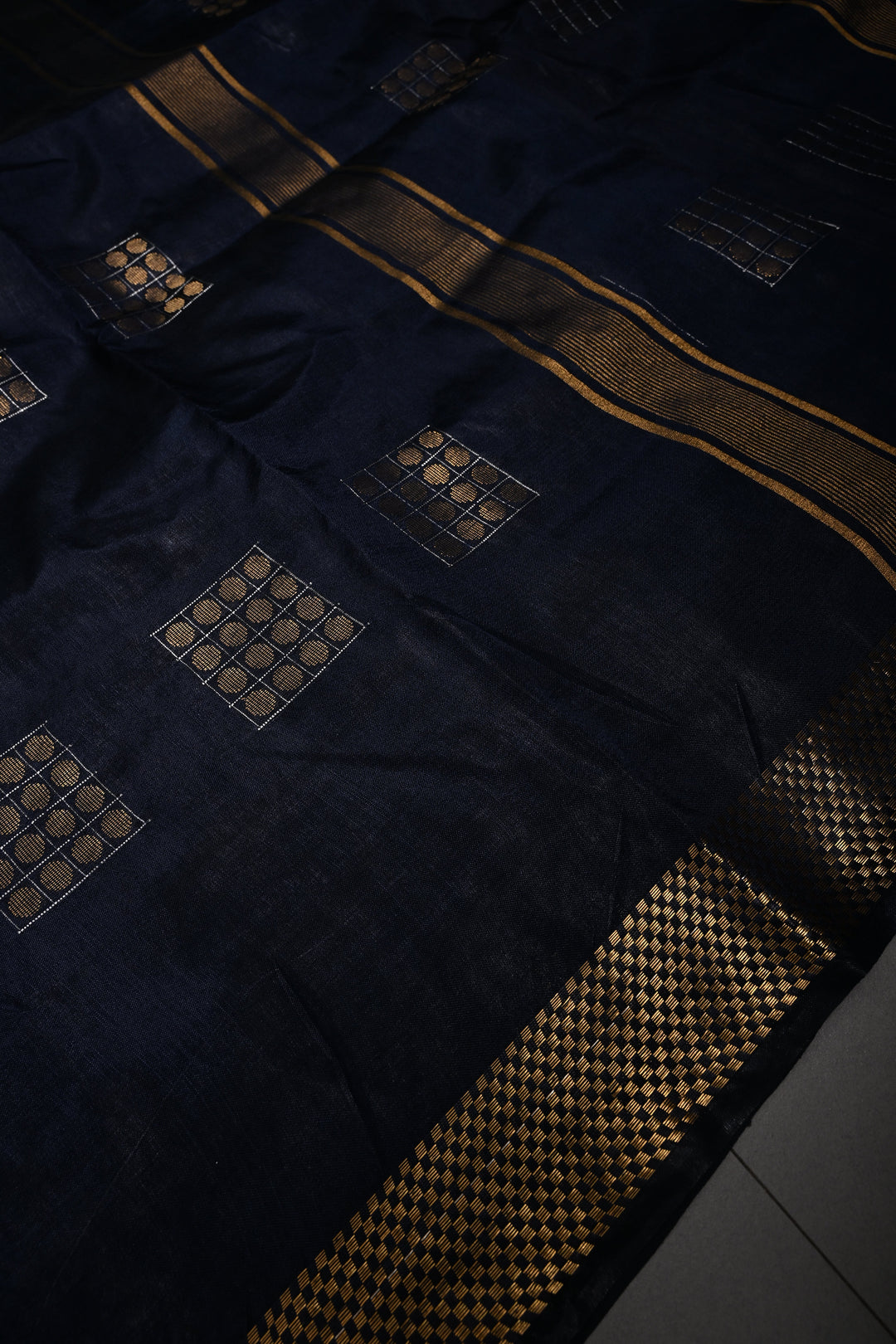 Midnight Blue Semi Tussar Saree with Geometric Zari Buttas and Zari Border | SHOBITAM