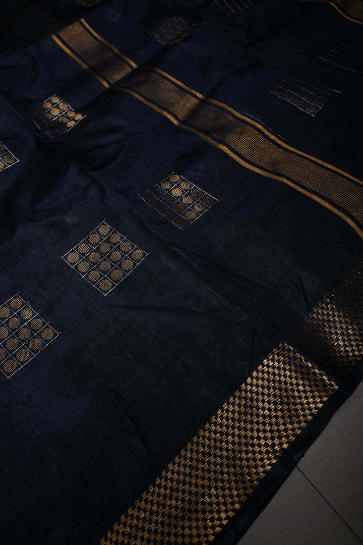Midnight Blue Semi Tussar Saree with Geometric Zari Buttas and Zari Border | SHOBITAM