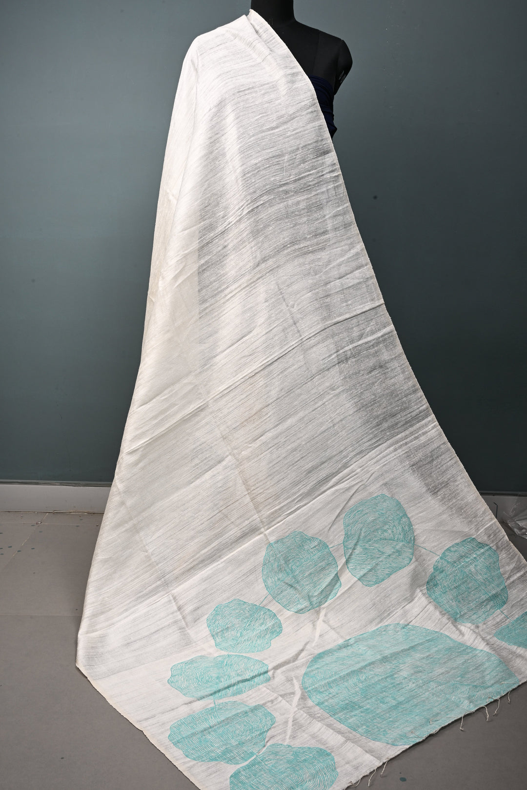 Off White Geecha Tussar Silk Dupatta with Lotus Leaves Handpainting in Madhubani | SILK MARK CERTIFIED | SHOBITAM