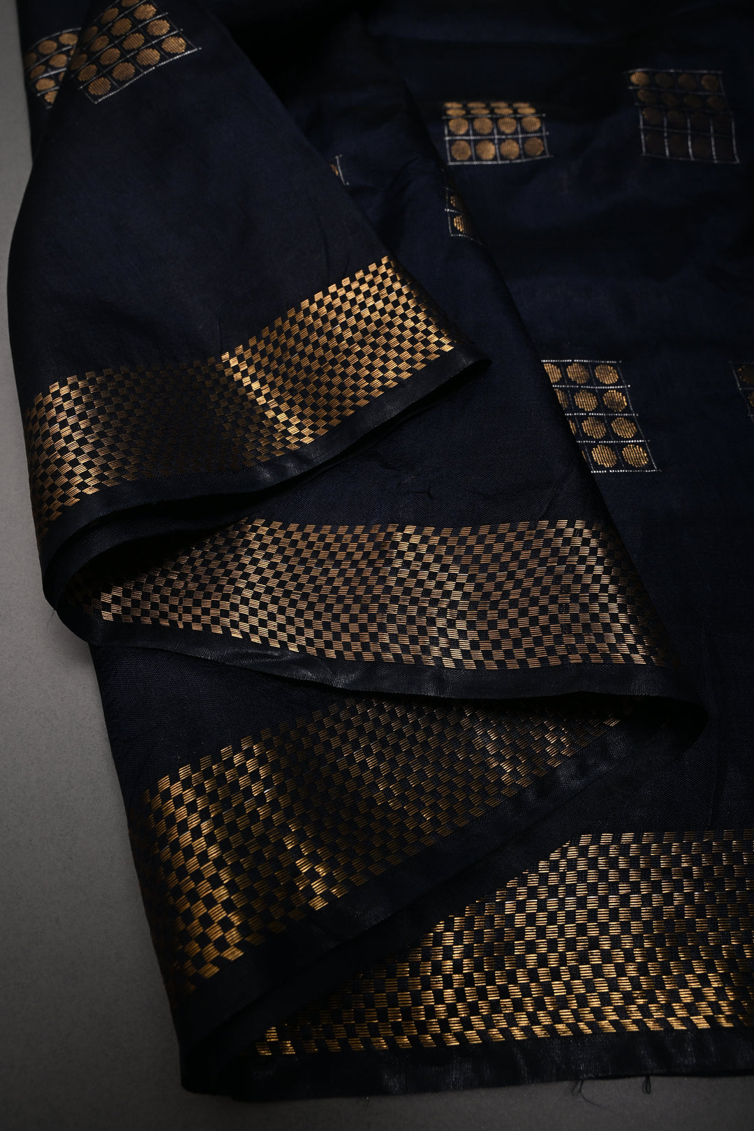 Midnight Blue Semi Tussar Saree with Geometric Zari Buttas and Zari Border | SHOBITAM