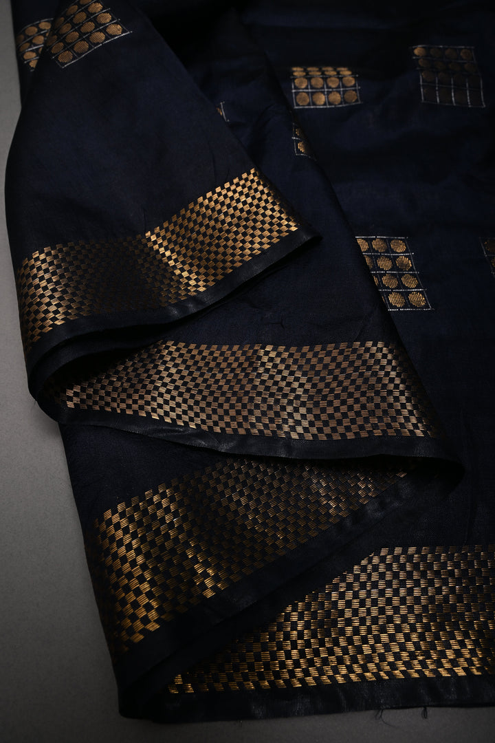 Midnight Blue Semi Tussar Saree with Geometric Zari Buttas and Zari Border | SHOBITAM