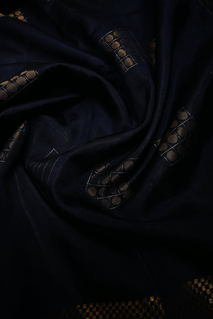 Midnight Blue Semi Tussar Saree with Geometric Zari Buttas and Zari Border | SHOBITAM