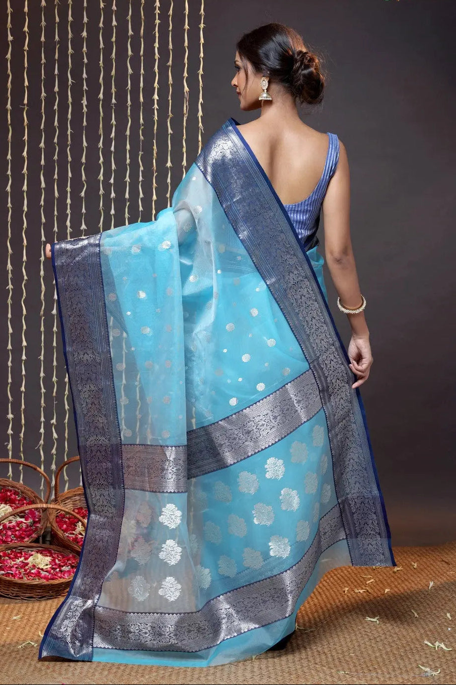 Handloom Sky Blue Katan Silk Chanderi Saree With Navy Blue Border | SHOBITAM