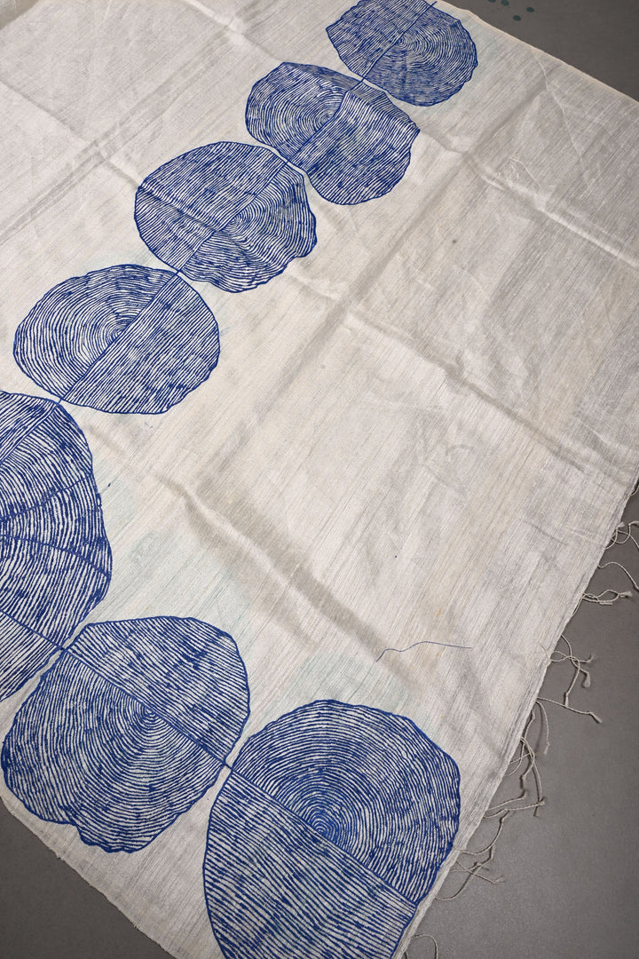 Off White Geecha Tussar Silk Dupatta with Lotus Leaves Handpainting in Madhubani | SILK MARK CERTIFIED | SHOBITAM