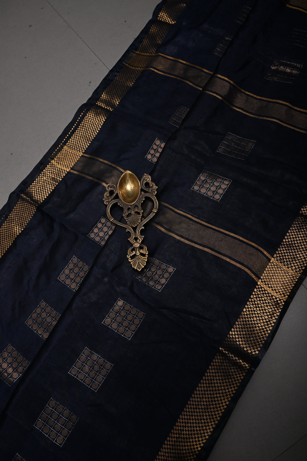 Midnight Blue Semi Tussar Saree with Geometric Zari Buttas and Zari Border | SHOBITAM