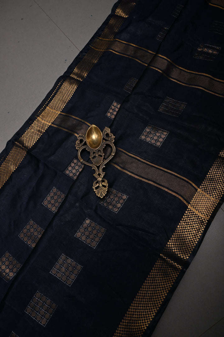 Midnight Blue Semi Tussar Saree with Geometric Zari Buttas and Zari Border | SHOBITAM